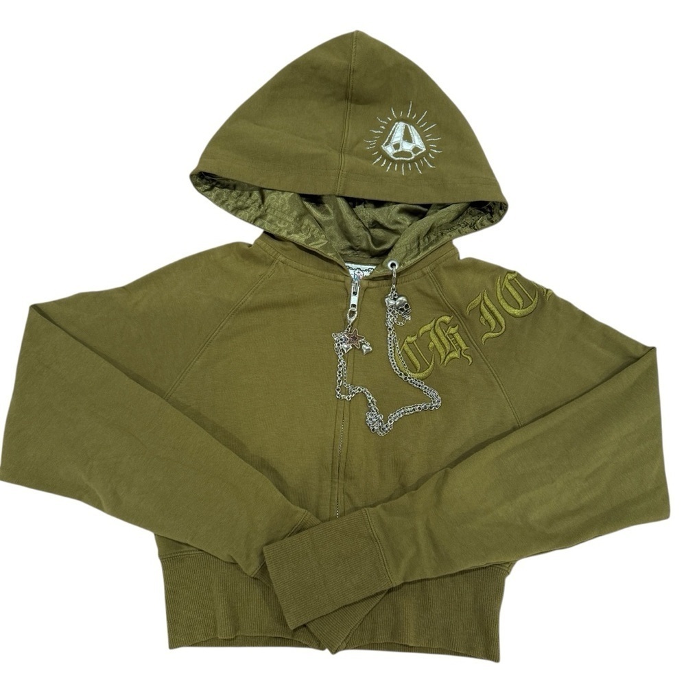 Y2K Glam Grunge McBling Chick by Nicky Hilton Cropped  Hoodie Chain Skull Oliv S
